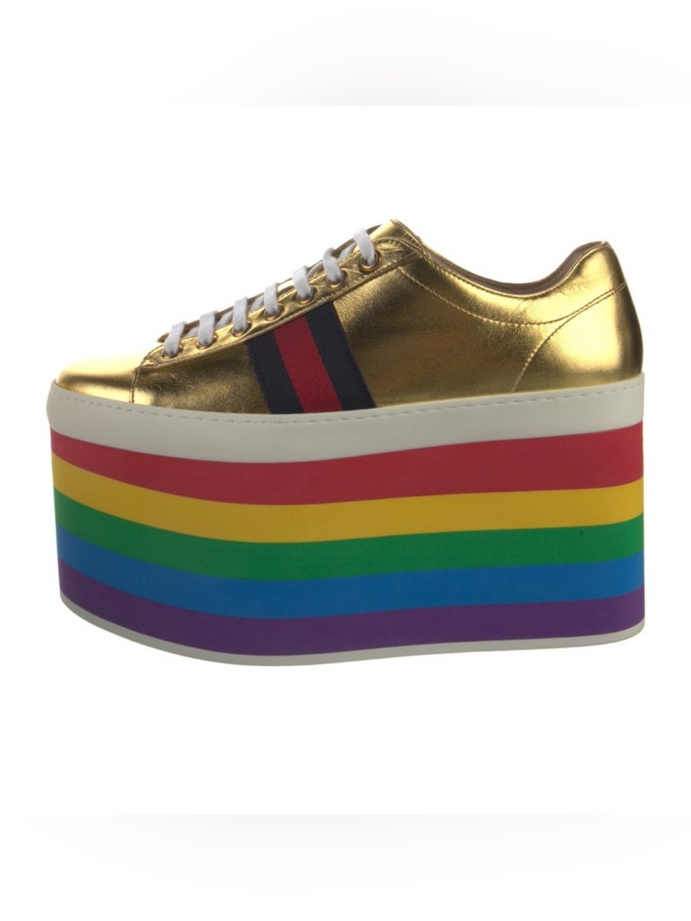 Gucci Gold Metallic Platform Sneaker with Rainbow Stripes